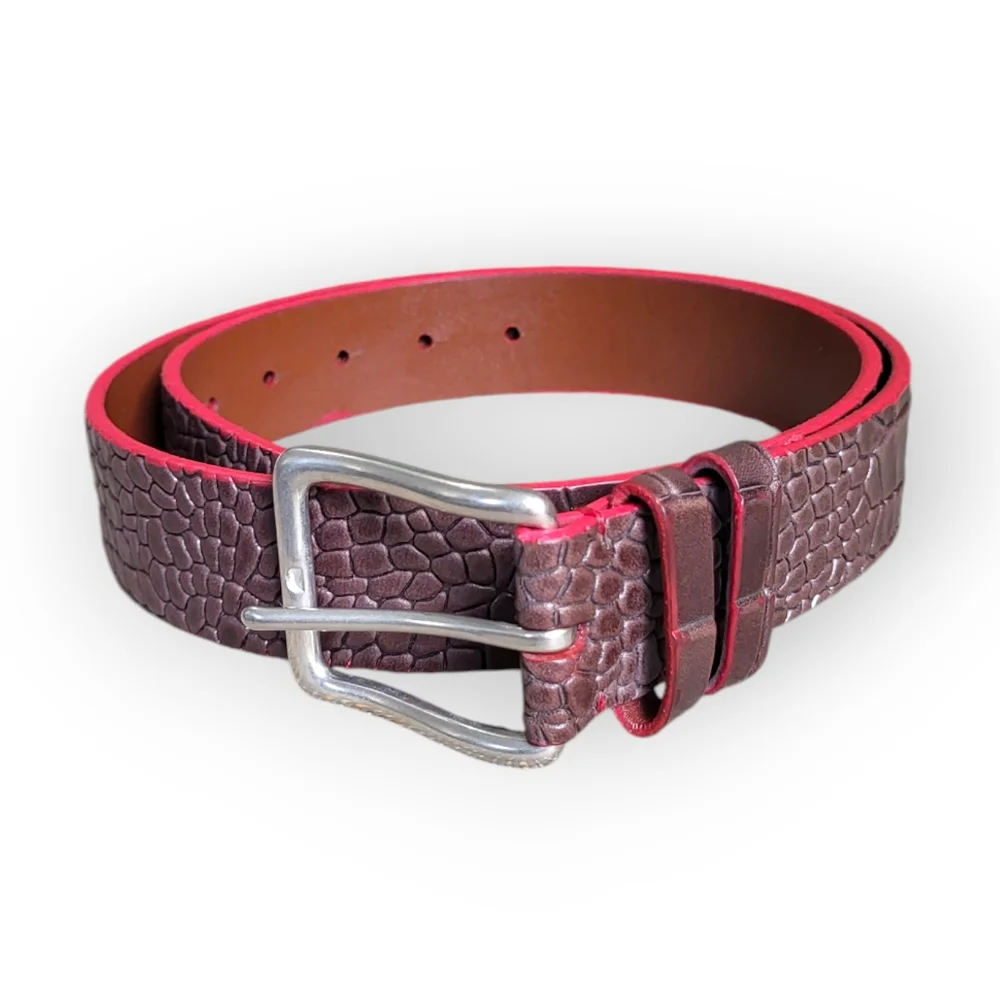 TORINO Italian Embossed Calf Leather Belt Brown with Red Trim Size 34